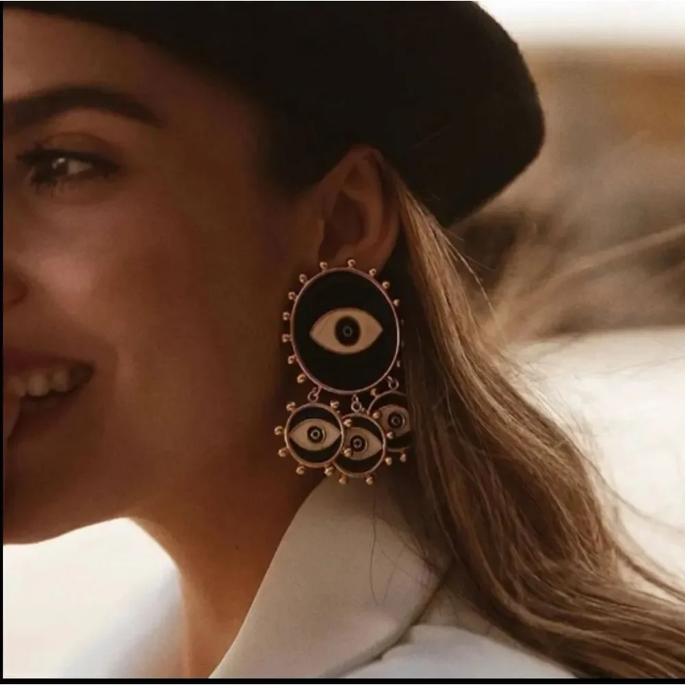 Mati Nazar Black Gold Evil Eye Statement Earrings { NWOT